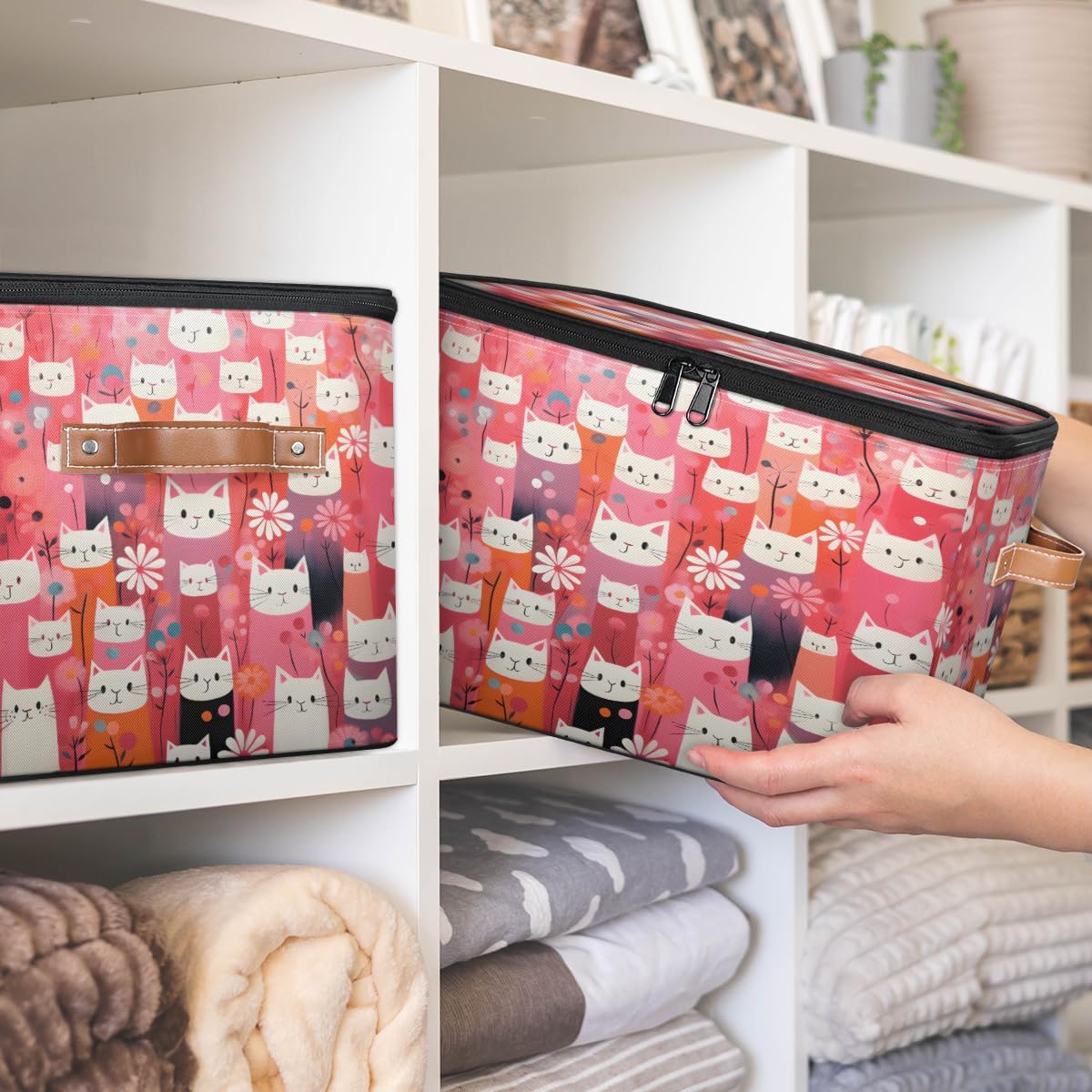Storage Bin Set of 2 Cats Florals Storage Basket with Zipper Lid & Handle Foldable Closet Shelf 2 Pack Cloth Organizer Basket Cube Bins Clothes Organizer for Bedroom, Nursery