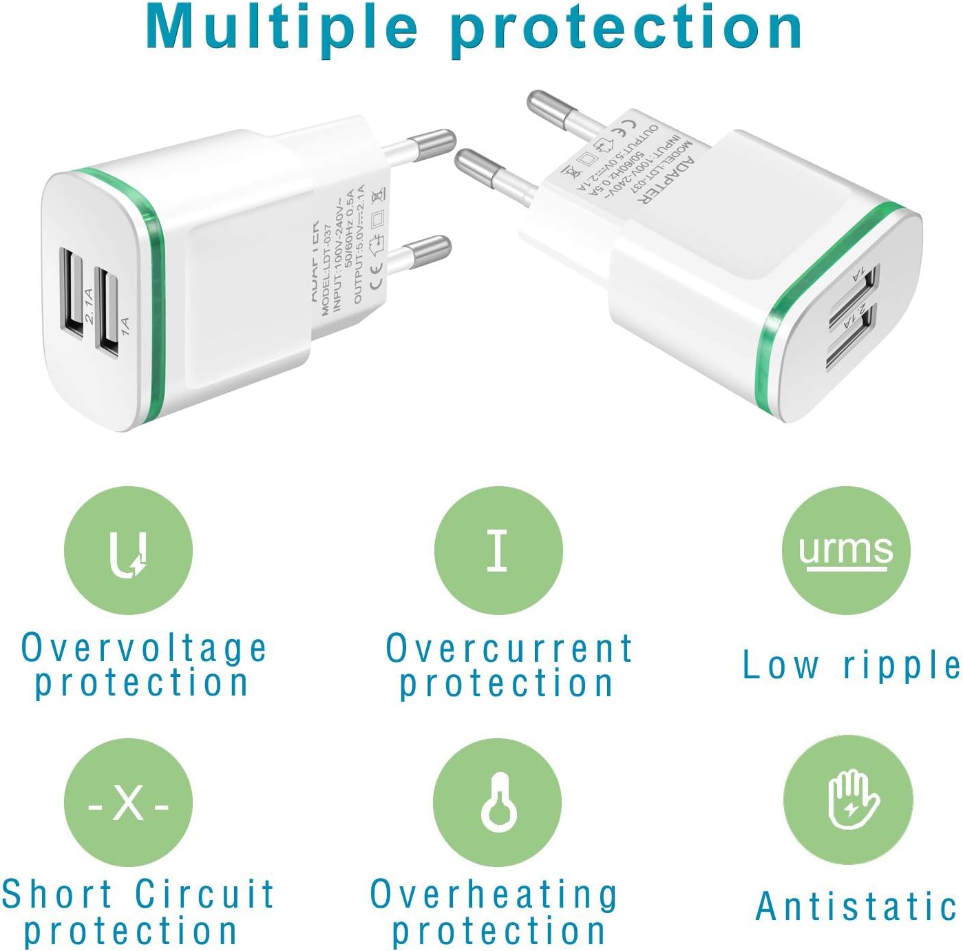 Europe Wall Charger, 2Pack 2.1A 5V Universal LED Dual USB European Travel Charger Power Adapter Charging Plug for iPhone 7/6/5S,Ipad, Samsung Galaxy S8 Plus S7/S6 Edge, LG, More Cellphone (White)