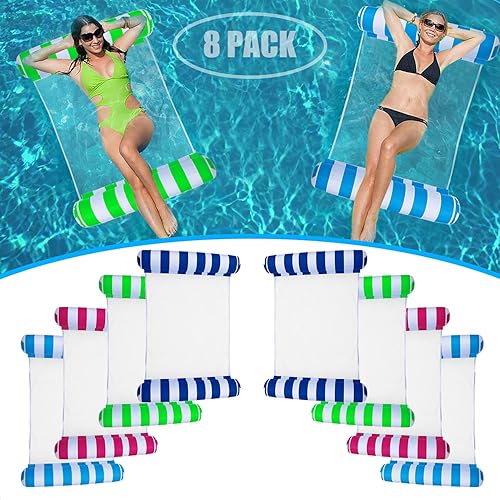 Paquete de 8 flotadores de piscina tamaño adulto, juguetes inflables multiusos 4 en 1 (silla, silla de descanso, hamaca, flotador) para piscina,