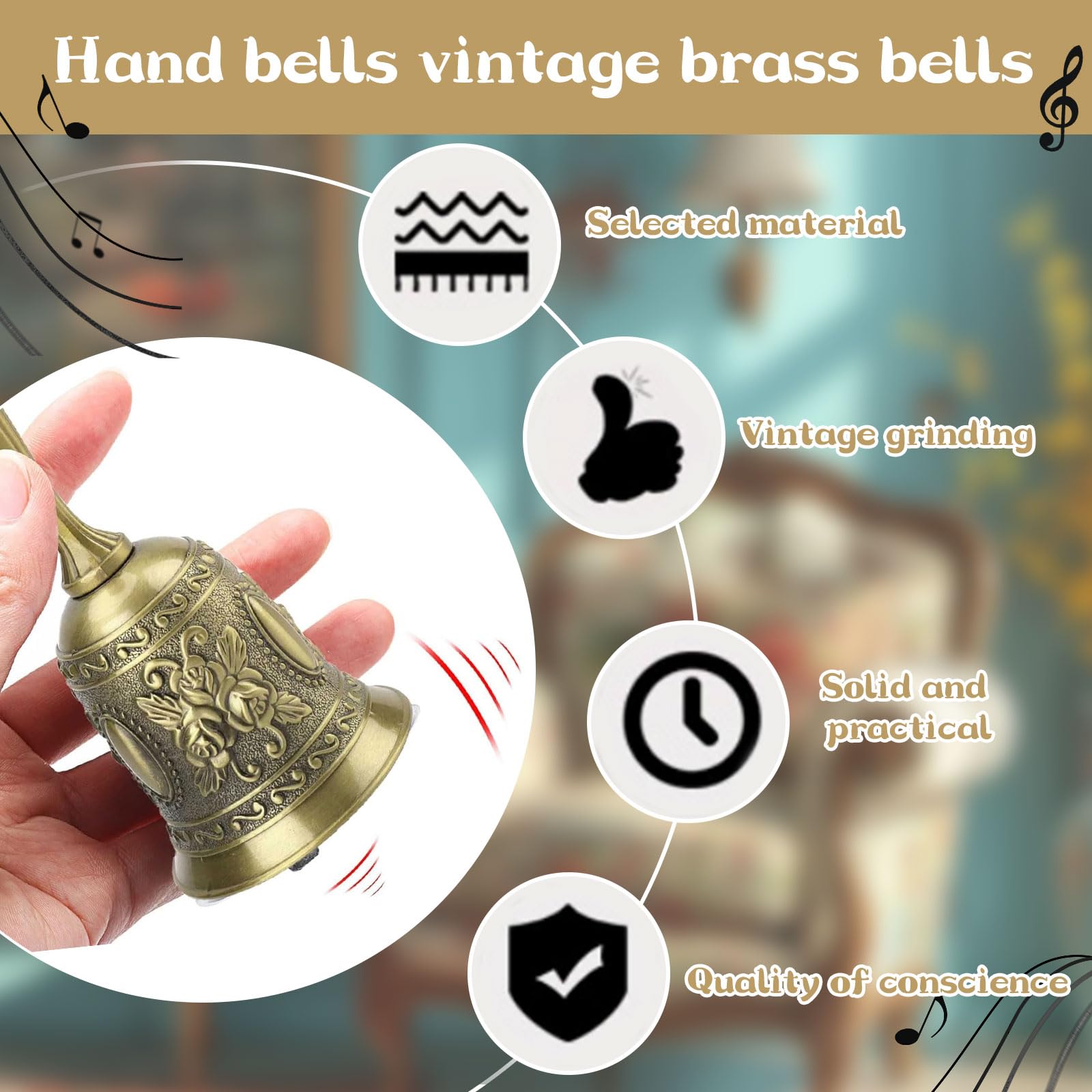 Campana de Mano de Bronce para Té, Navidad, Escuela, Hotel