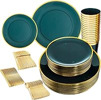 Vista 1 de LIYH - 180 platos navideños de plástico transparente y verde dorado, juego de vajilla de plástico desechable verde esmeralda, incluye platos