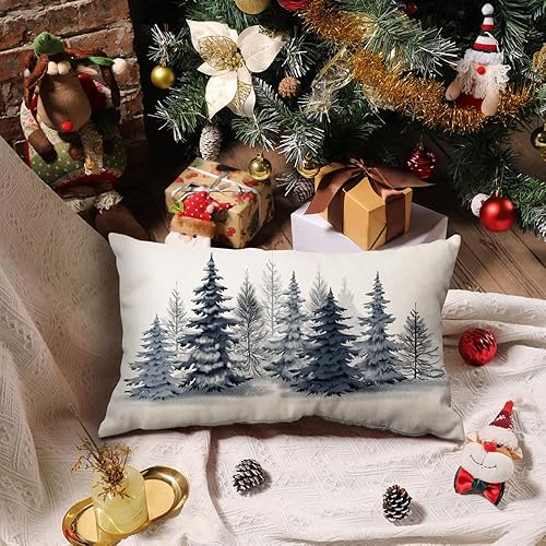 Miniatura 8 de DFXSZ Fundas de almohada de Navidad de 18 x 18 pulgadas, decoraciones de Navidad, acuarela, azul, verde, árbol de Navidad, estilo rústico, estampado
