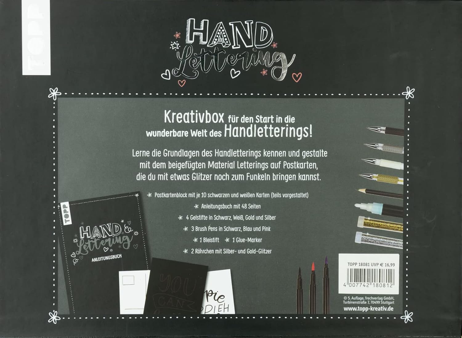 TOPP Handlettering - The Wonderful Creative Box: All-Round Set for Hand Lettering with Instructions Booklet, Postcard Pad, Brush Pens, Gel Pens, Lead Pen, Glue Marker and Glitter