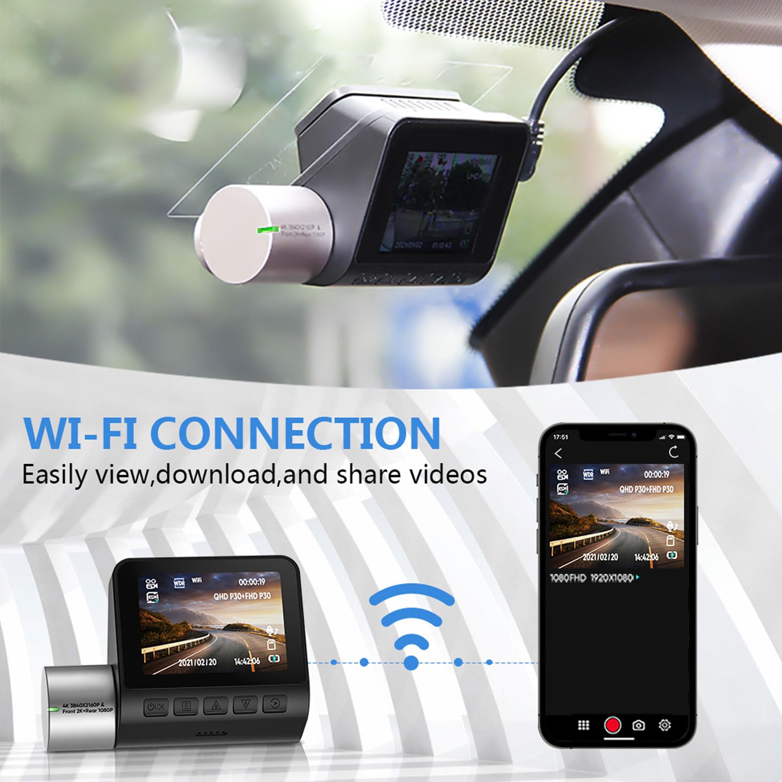 SENECESLI Kamera Samochodowa 4K, Dwukanałowa Kamera Samochodowa, rozdzielczość Przednia i Tylna 1080P, Noktowizor, Nagrywanie w Pętli z Czujnikiem G, WiFi 5 GHz i Sterowanie za pomocą