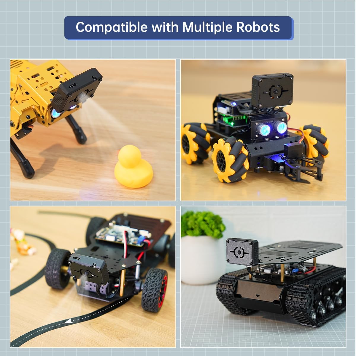The ESP32-S3 Camera Module shown with various robotic platforms, including a quadruped robot and wheeled robots.