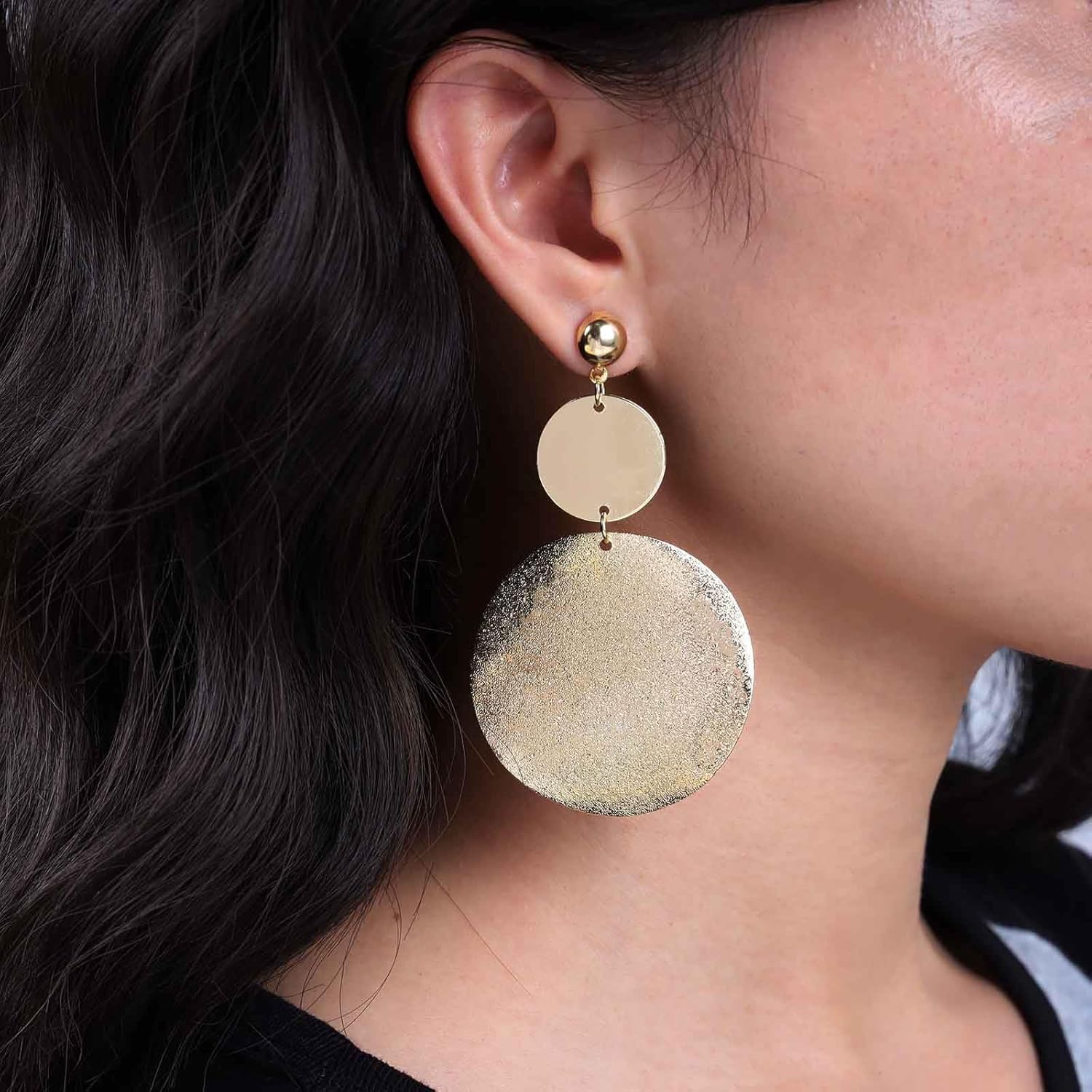 Bohemian Disc Coin Dangle Earrings Gold Metal Circle Drop Earrings Large Hammered Coin Stud Earrings Thin Textured Disc Earrings Jewelry for Women - Image 2