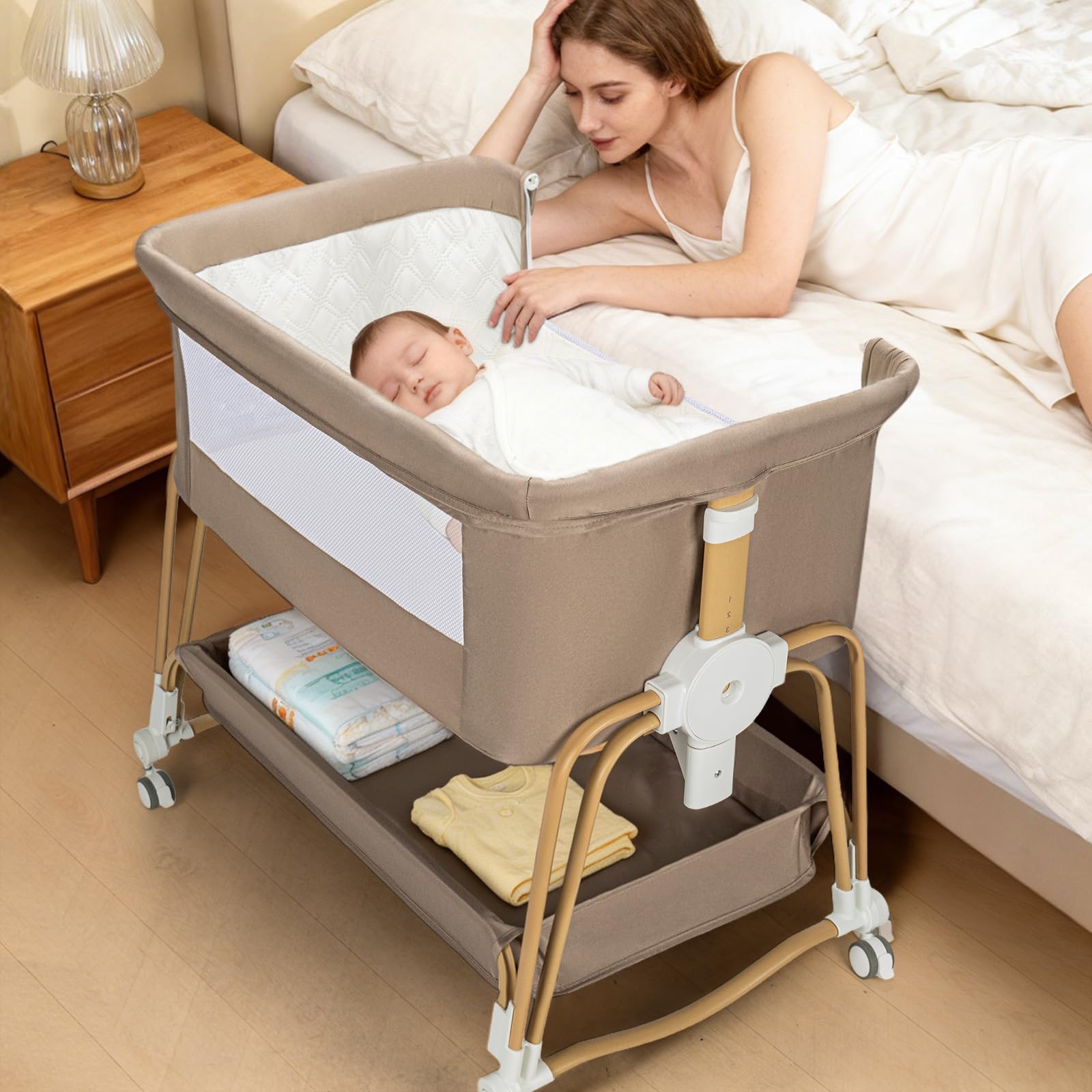 Cbcvvaer 4 in 1 Baby Bassinet | Bassinet Bedside for Baby on Wheels with Storage Basket | 7 Height Adjustable Breathable Mesh Rocking Bedside with