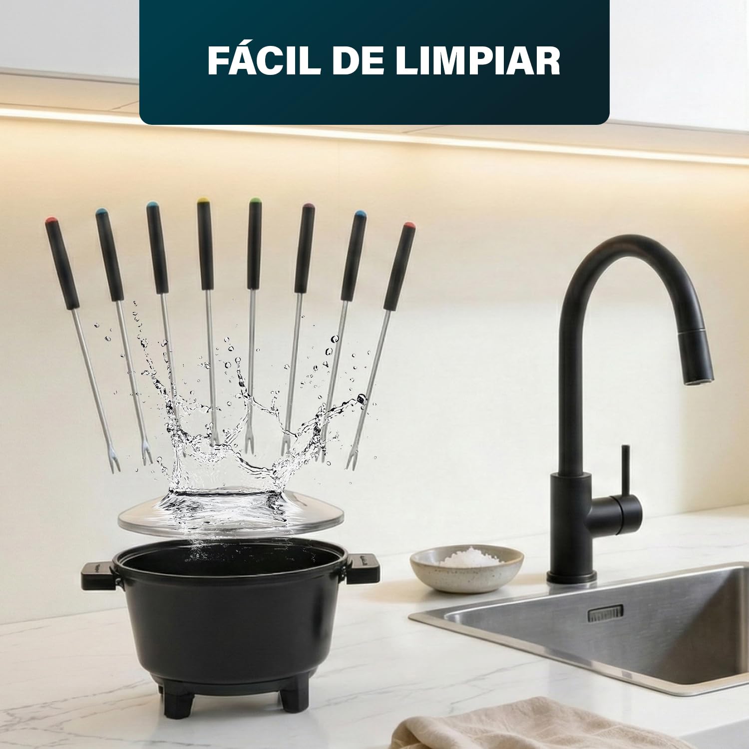 Princess Set de Fondue Negro, Capacidad 1,5L, Termostato Ajustable, Recubrimiento Cerámico, 8 Tenedores Inox, Asas Frías, 800W, Base Antideslizante, 01.173110.01.001