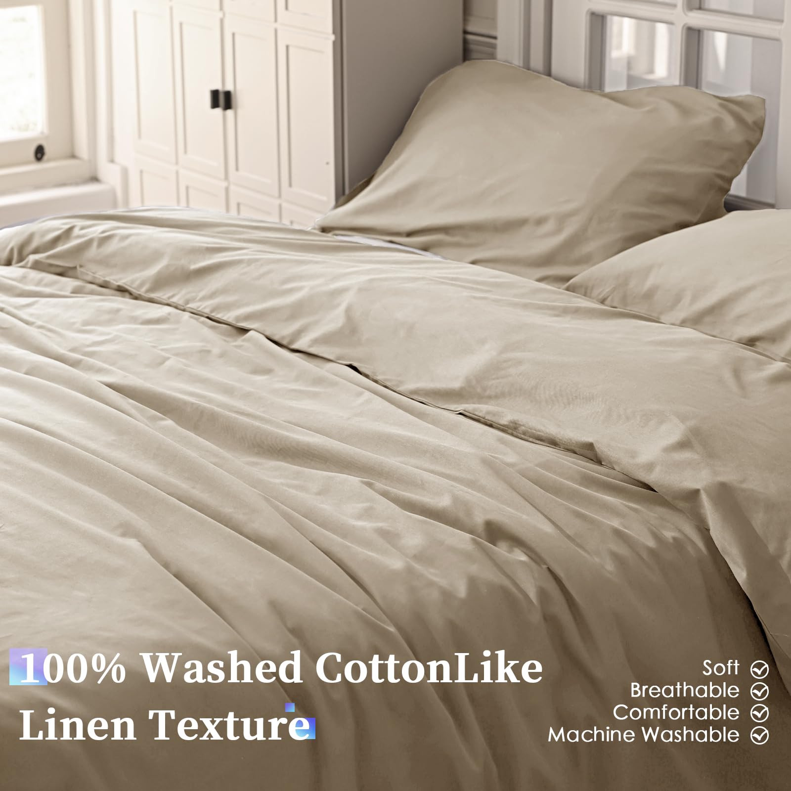 Cotopuro Copripiumino Matrimoniale 100% Cotone 240x220 (2 Federe 50x80), Set Copripiumino in Premium Cotone 150GSM OEKO-TEX, Morbida, Traspirante, Ipoallergenica - Beige