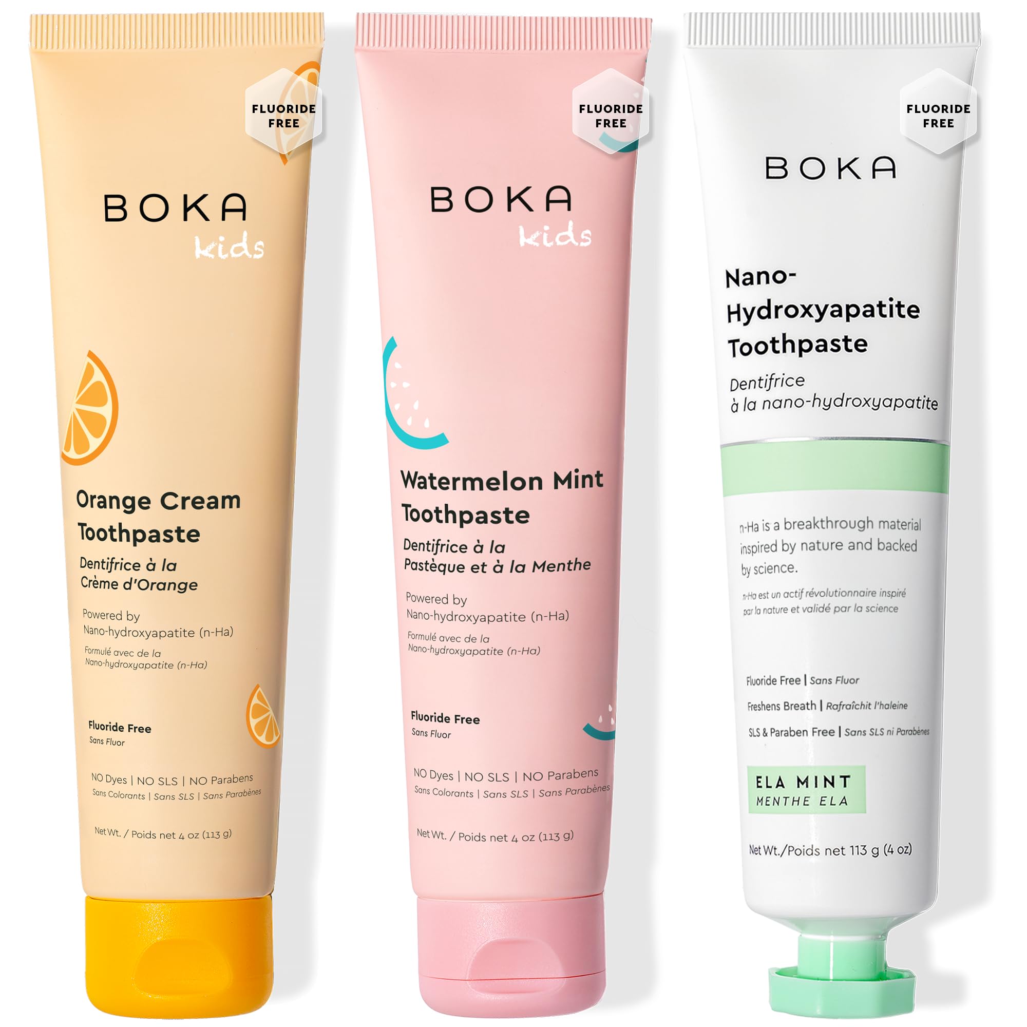 Boka Fluoride Free Toothpaste Nano Hydroxyapatite, Helps Remineralize, Appropriate for Sensitive Teeth, Whitening - for Adult, Kids Oral Care - Ela Mint, Orange Cream, Watermelon Mint Flavor, 3pk