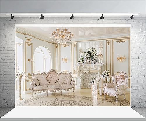 Miniatura 8 de AOFOTO Telón de fondo de lujo de 5 x 3 pies para decoración interior de lujo, lámpara de araña real, sofá, chimenea, flores, fotografía, fondo,