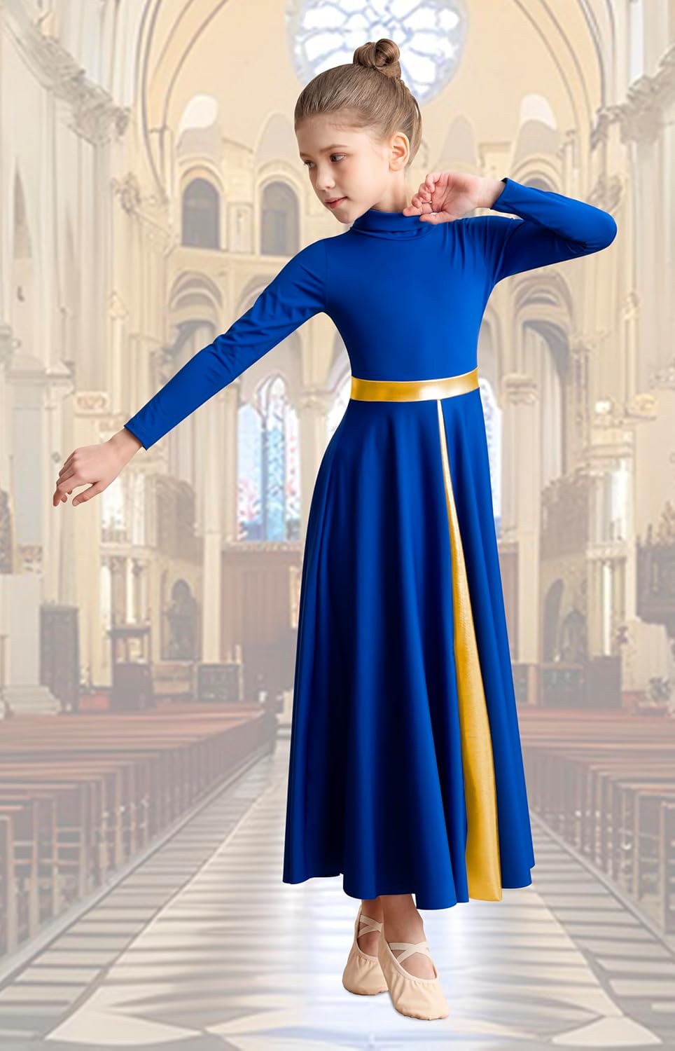 Girls High Neck Praise Dance Dress Loose Fit Full Length Long Sleeve Liturgical Dance Dress - Image 3