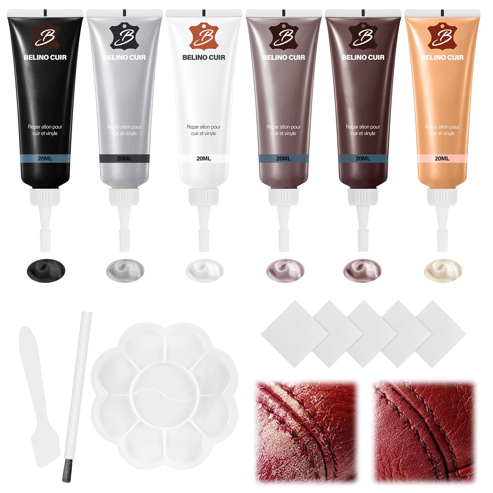 Reparatieset voor leer, 6 kleuren, kunstlederen reparatieset, restaurator, reparatieset, reparatieset voor autostoelen, bank, leren jas