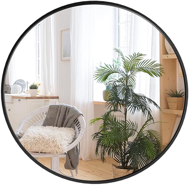 CASART 60/70cm Round Mirror, Wall-Mounted Large Circle Mirror, Metal Frame Makeup Dressing Mirror for Bathroom Living Room Bedroom and Hallway (Black, 60cm in Dia.)