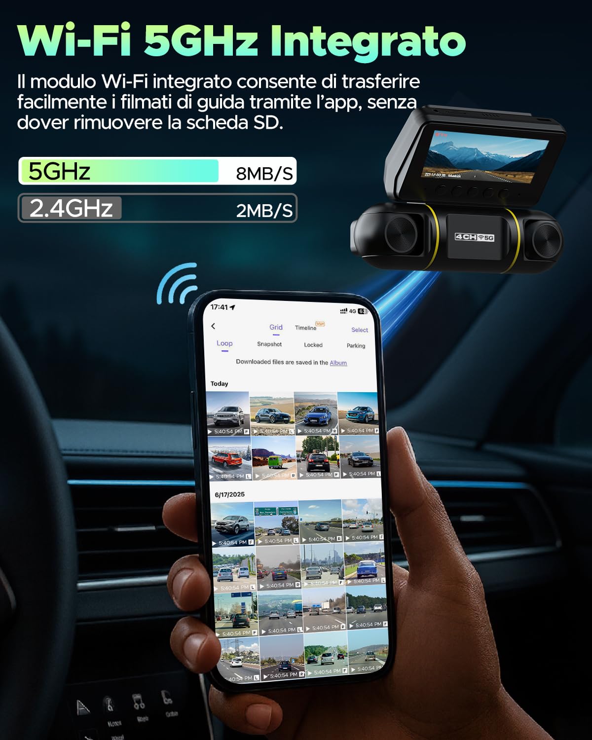 LAMTTO Dash Cam Auto 360 Gradi Dashcam Controllo APP WiFi 5G 4 Canali Telecamera per Auto Monitoraggio del Parcheggio IR Visione Notturna Kit di Cablaggio Scheda 128GB Gratuita