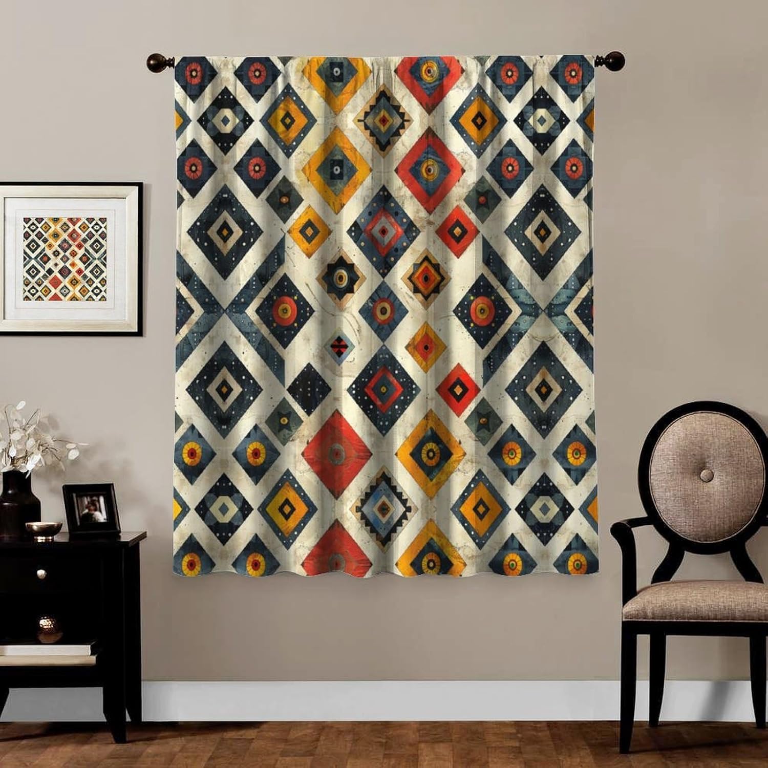 Indoor Blackout Curtain with Rod Pocket, Geometric Boho Art Pattern Noise Reducing Thermal Insulated Privacy Window Curtains, for Bedroom Living Room Dining Room, 2 Panels, 55" W x 63" L