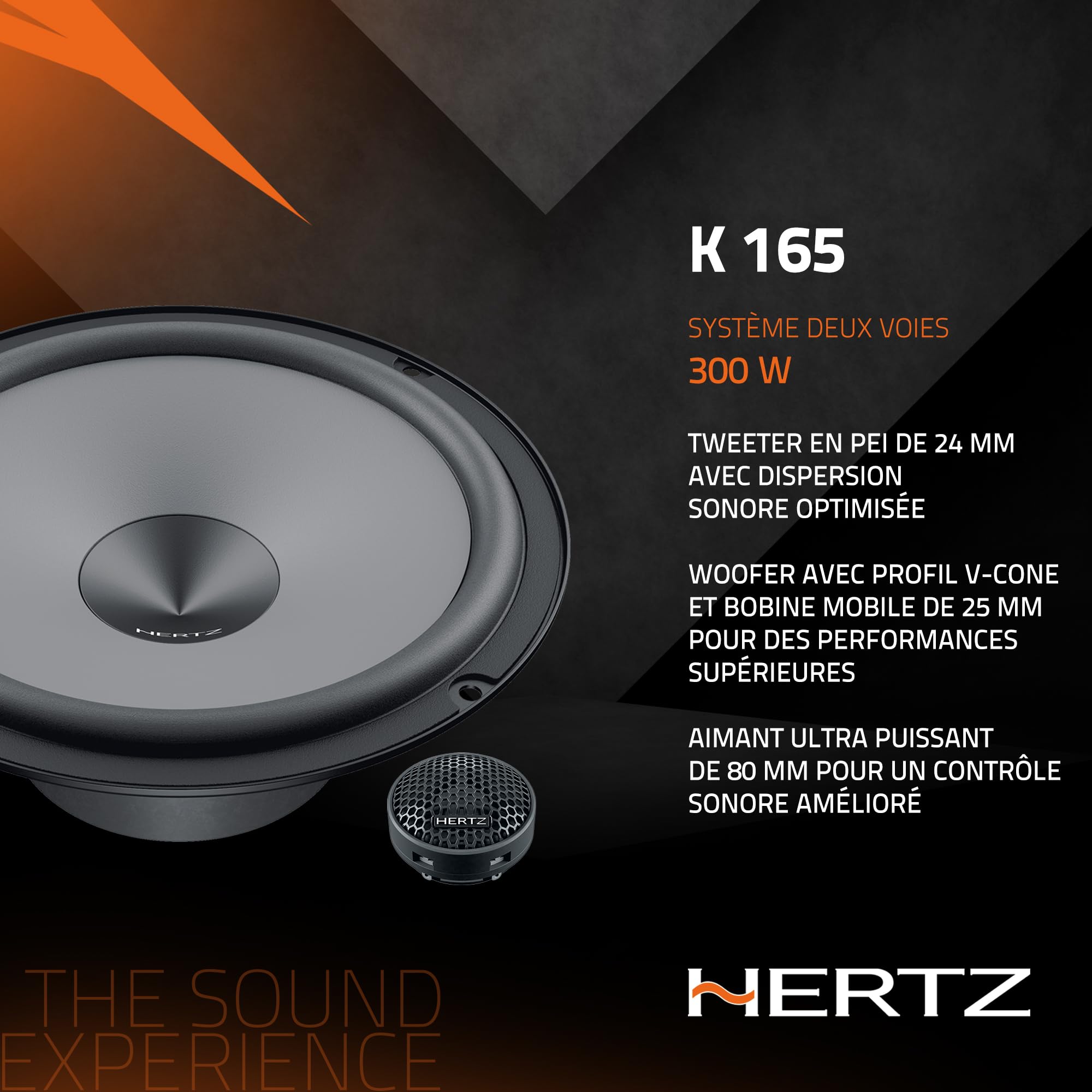 Hertz K 165 – Kit Haut-Parleur Audio 2 Voies avec Woofer 165 mm et Tweeter PEI 24 mm, Son Puissant et Équilibré, 300W Max | Papier pressé hydrofuge, tweeter PEI 24 mm, crossover inclus, 165 mm, 75 W RMS, 4 Ohm, 93,5 dB, Inst. DIN