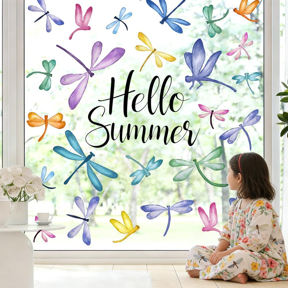 JOICEE 6 Sheets Spring Summer Window Clings, Hello Summer Watercolor Dragonfly Window Stickers Removable Anti-Collision Window Decals for Classroom School Home Office Glass Decoration