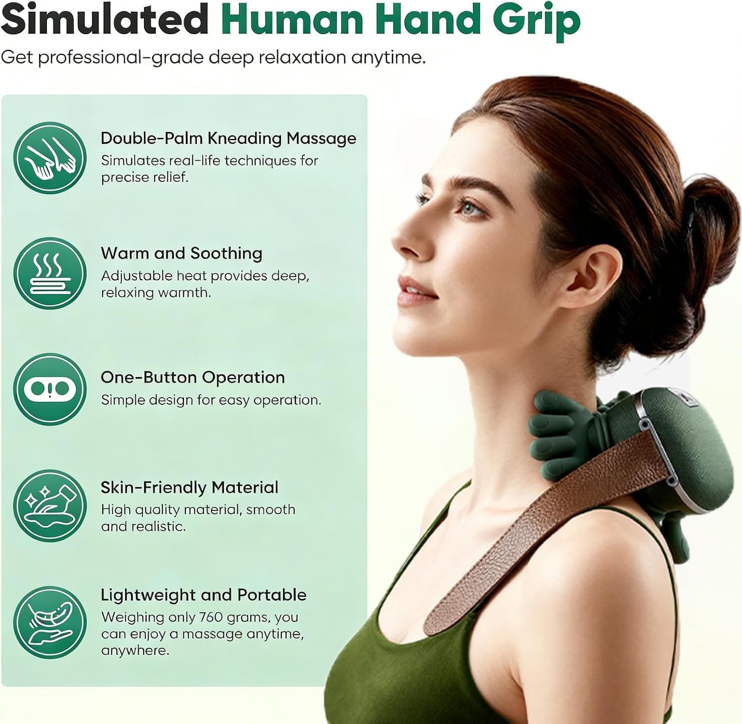 shoulder and neck massager, bionic heated massager, neck massager with fingers, 4d kneading massage for home and travel mesh green