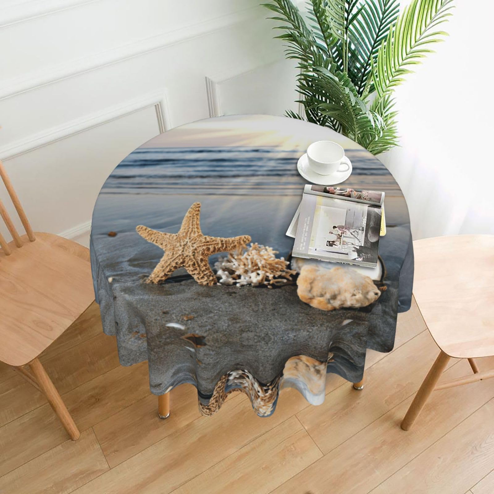 Zcmkjlg seashells on the beach Print Quick Ship Round Tablecloth 60in Polyester Washable Cover for Dining Room
