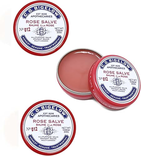 C.O. Bigelow Rose Salve Tins, Pack of 3 Lip Balm Tins, All Purpose Salve for Lips, Cuticles, Hands & Dry Skin, Lip Balm Set, 0.8 oz
