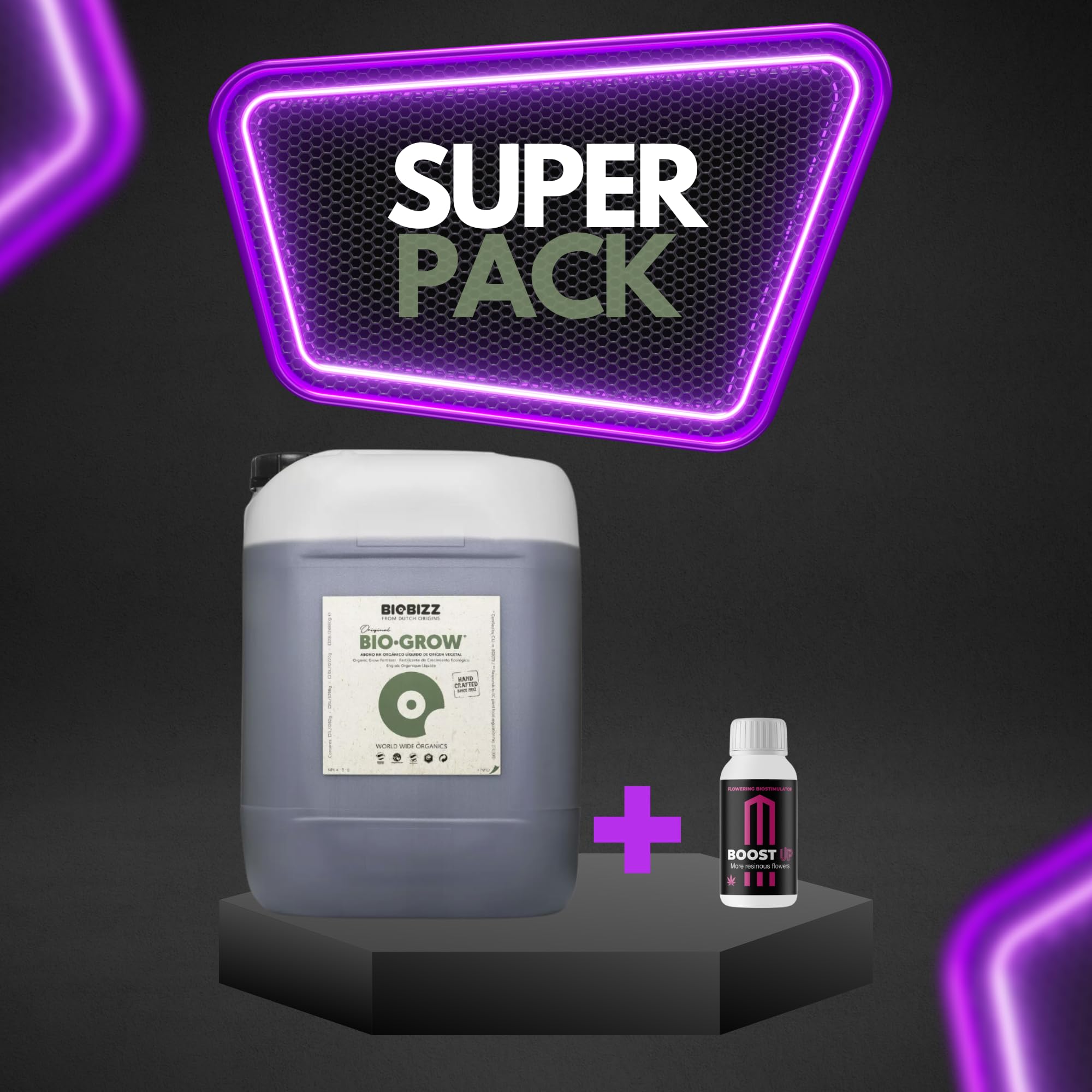 GROWMANIA Fertilizante Bio Grow de BioBizz 10 L + Muestra Boost Up de Up Nutrients + Vaso Medidor | Abono 100% Orgánico para Etapa de Aumento de Plantas y Cultivos | Sustrato Natural Todo Tipo Tierras