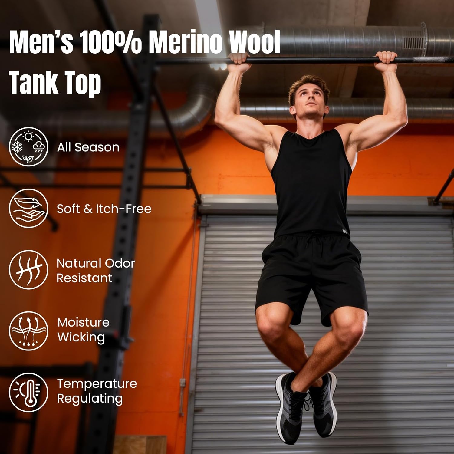 Men’s 100% Merino Wool Tank Top, Lightweight Breathable Sleeveless Base Layer, Odor Resistant Wool Active Undershirt