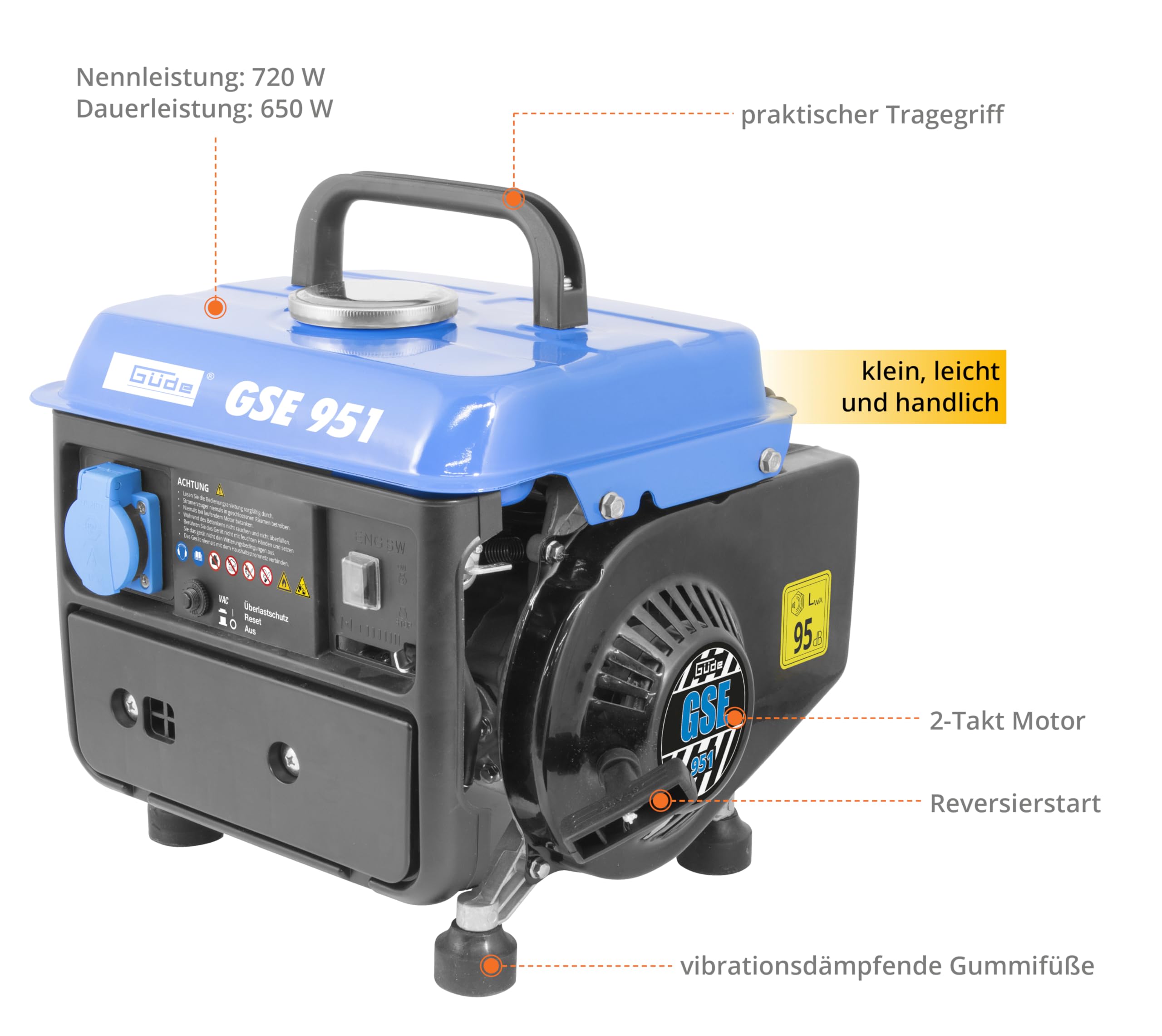 Güde Stromerzeuger GSE 951 (2-Takt Motor, Benzin, 1/1,36 (kW/PS), 1x 230 V Steckdose, max. 720 W, Laufzeit bis 7,5 h, Tank 3,8 l, Reversierstart, Tragegriff, Gewicht 15,85 kg)