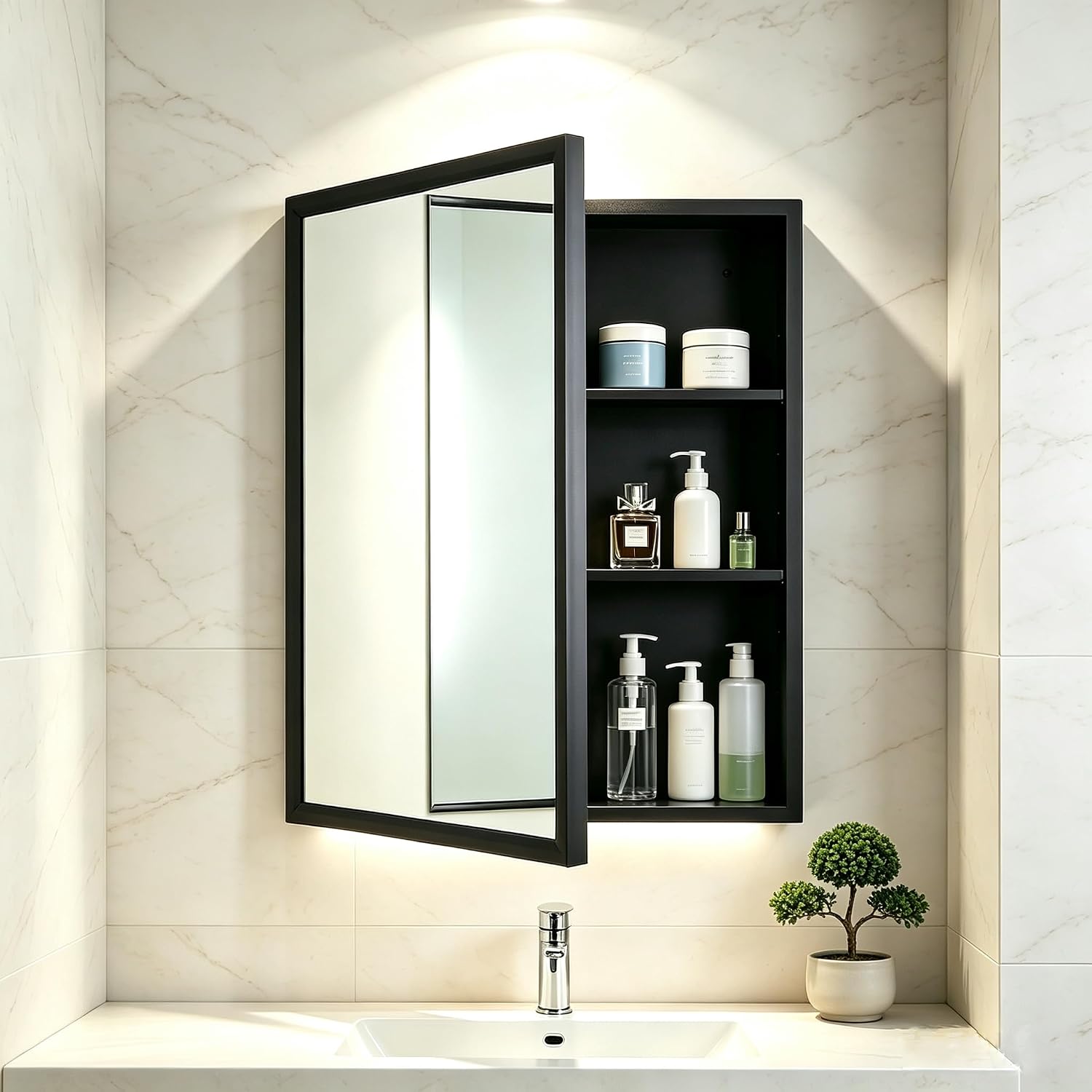 Mirror Medicine Cabinet - Recessed(14"x24")&Surface Mount Mirror Cabinet, Adjustable Shelf Bathroom Vanity Mirror Cabinet, Moistureproof Black Iron Medicine Cabinet for Bathroom Bedroom Hotel