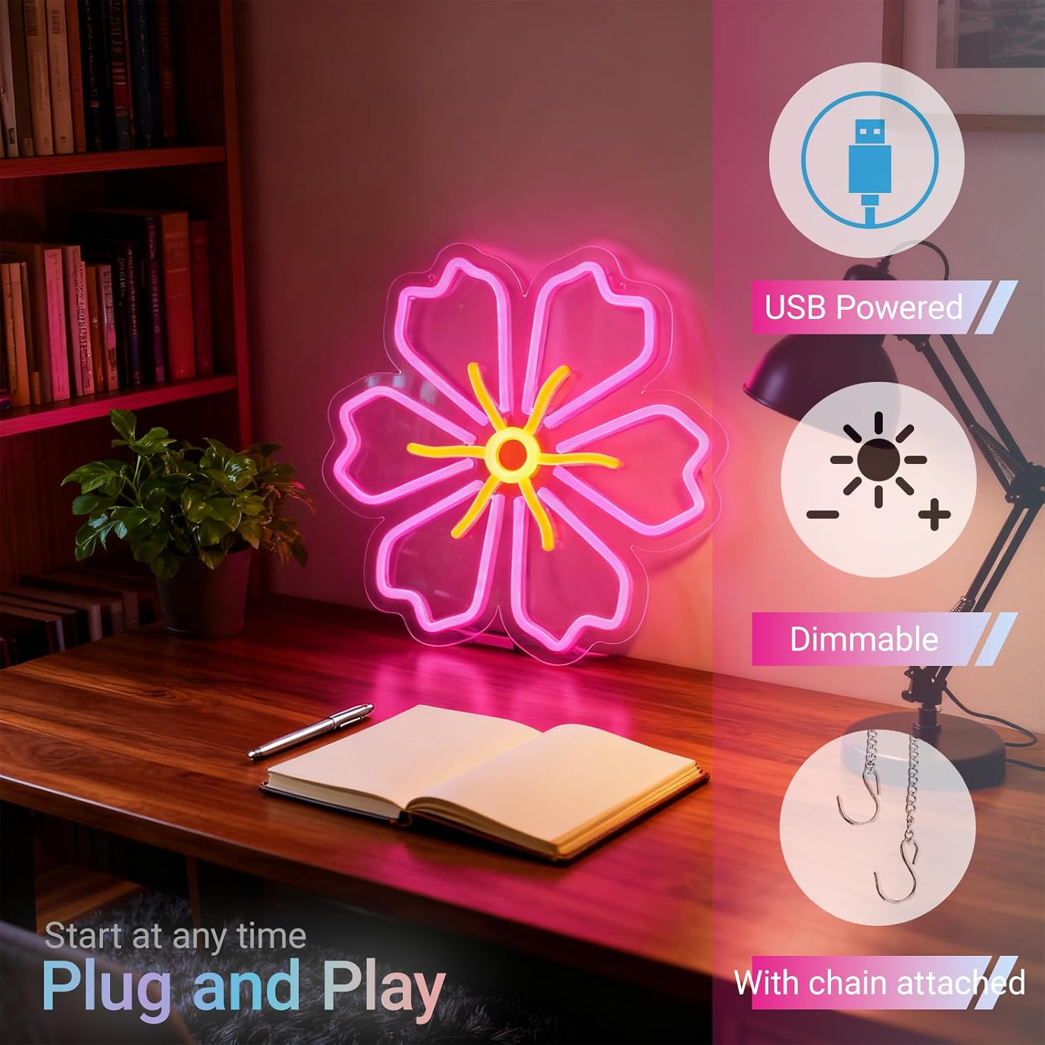 KAQRI Cherry Blossoms Neon Sign 12.6x12.6 Inches - Japanese Pink Sakura LED Neon Light for Wall Decor, USB Powered with 5-Level Dimmer, Romantic Home Decor for Living Room, Bedroom, Cafe