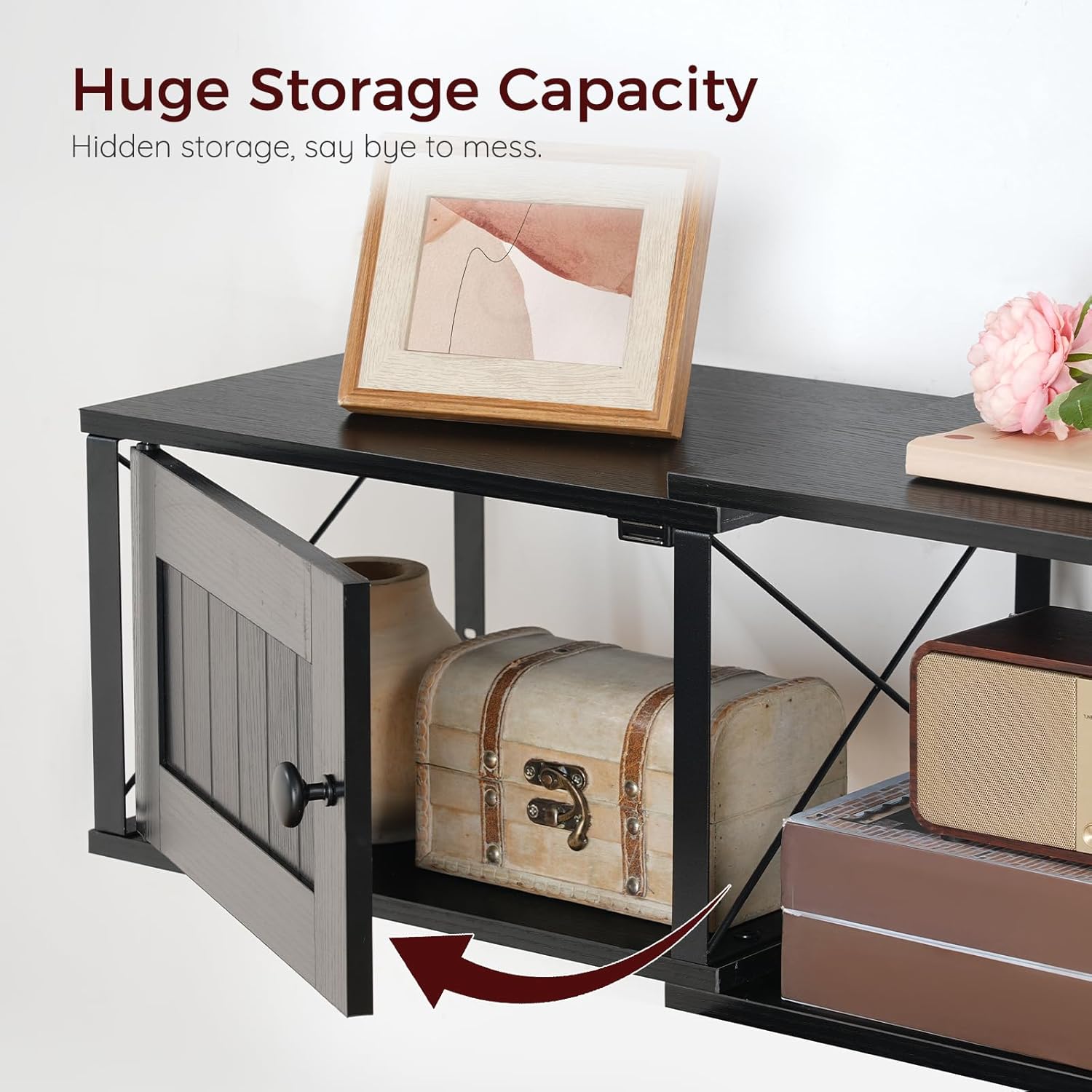 Open cabinet door of the MAHANCRIS TV Stand revealing internal storage space.