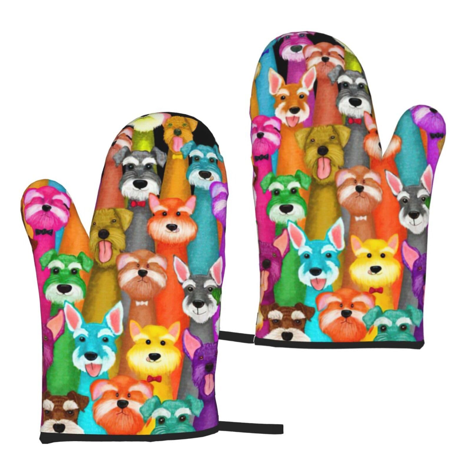 Nimongt Women's Black Oil Cute Schnauzer Dogs Print Adults Universal Fit Heat Resistant Oven Gloves Reusable Cooking Outdoor Grilling