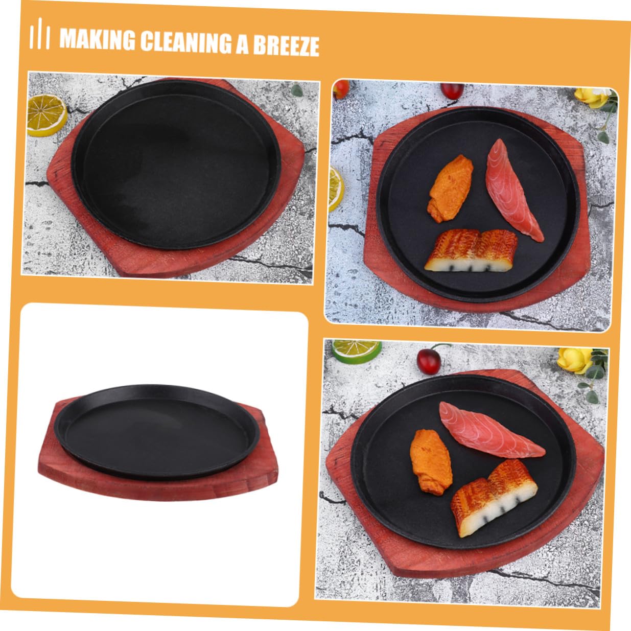 Set Piastra Sfrigolante Tonda in Ghisa con Piatto Legno