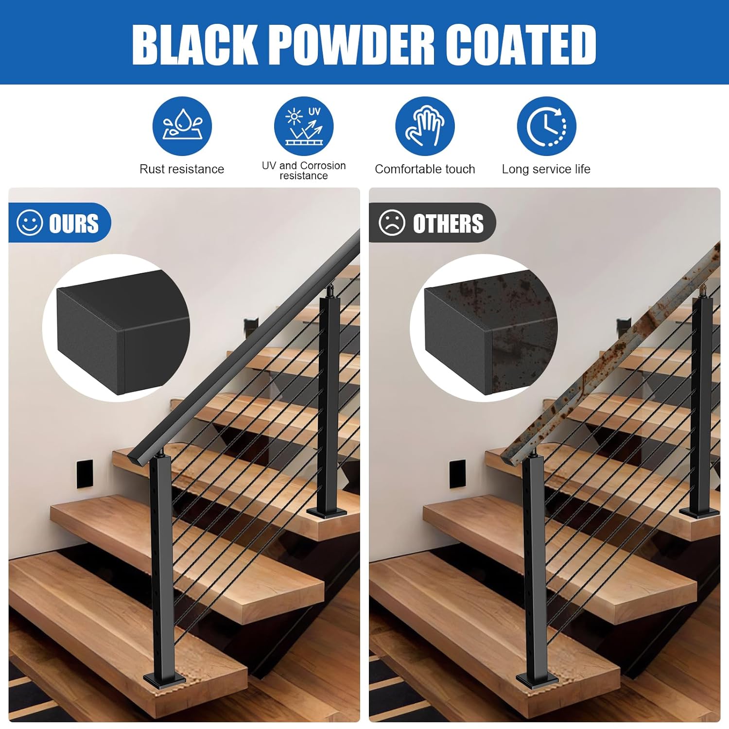 BLIKA 1 Pack 5FT Stainless Steel Cable Railing Handrail, Black Rectangular Handrail Flat Top Rail with End Caps for Deck Stair Cable Railing System, Deck Stair Hand Rails for Indoor/Outdoor, BL01-T