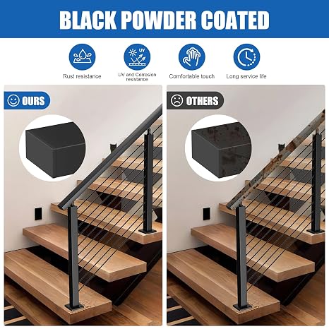 BLIKA 8FT Stainless Steel Black Cable Railing Handrails for Deck Stair Cable Railing Post System, 304 Stainless Steel Handrails, Metal Handrail Outdoor Indoor