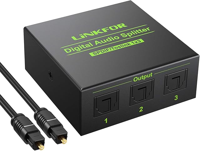 LiNKFOR Optical Audio Splitter 1x3 SPDIF Toslink Optical Splitter with 1PCS Optical Cable Aluminum Alloy 1 IN 3 OUT Support LPCM 2.0 DTS Dolby-AC3 Compatible with PS3 DVD HDTV STB Etc