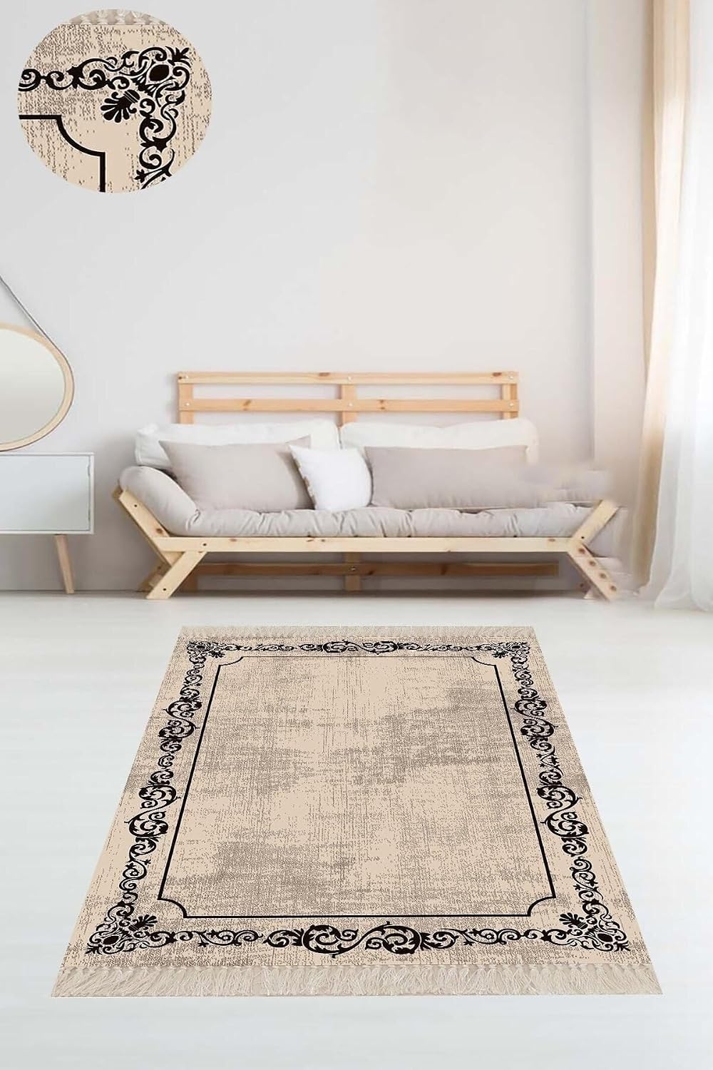Pelangi Osmanlı Motif Çerçeveli Dijital Baskı Yıkanabilir Kaymaz Taban Düz Salon Halı Ve Yolluk, Bej 180 x 300