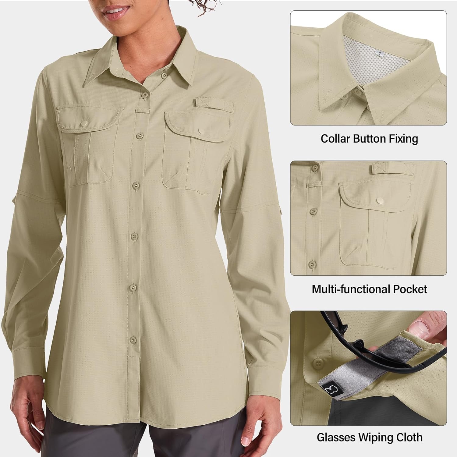 Womens UPF 50 Long Sleeve Sun Shirt Safari Hiking Fishing Quick DIY UV Protection Button Up Travel Shirt for Gardening - Image 3