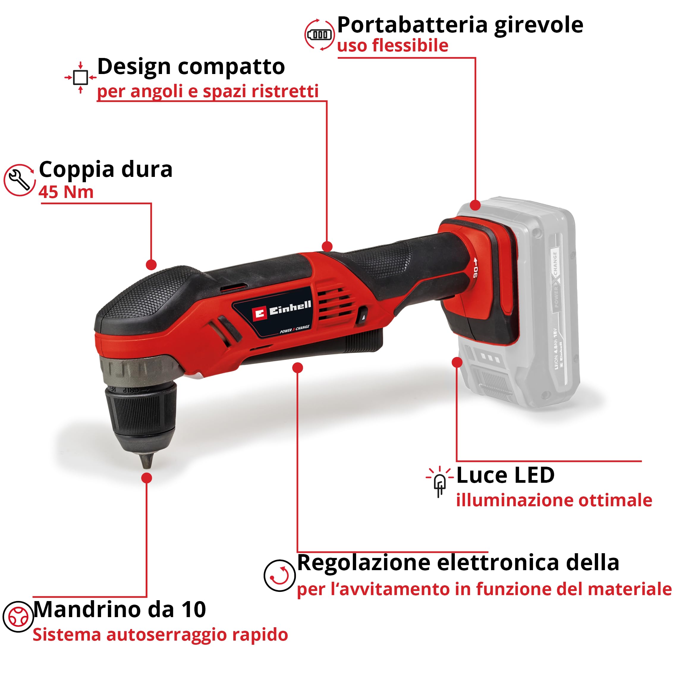 Trapano angolare a batteria Einhell TE-AD 18 Li-Solo Power X-Change (18 V, 45 Nm, mandrino a serraggio rapido da 10 mm, luce LED, attacco batteria girevole, batteria esclusa)