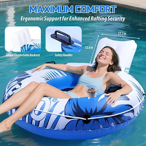 Miniatura 5 de Flotador inflable de tubo de río, flotador de piscina para adultos, tubos de río para flotar resistente con parte inferior de malla, respaldo cómodo