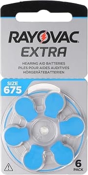 6 x Rayovac Extra Advanced 675 Hearing Aid Batteries 2018 Design with Active Core Technology - 675AUX-6XEMF