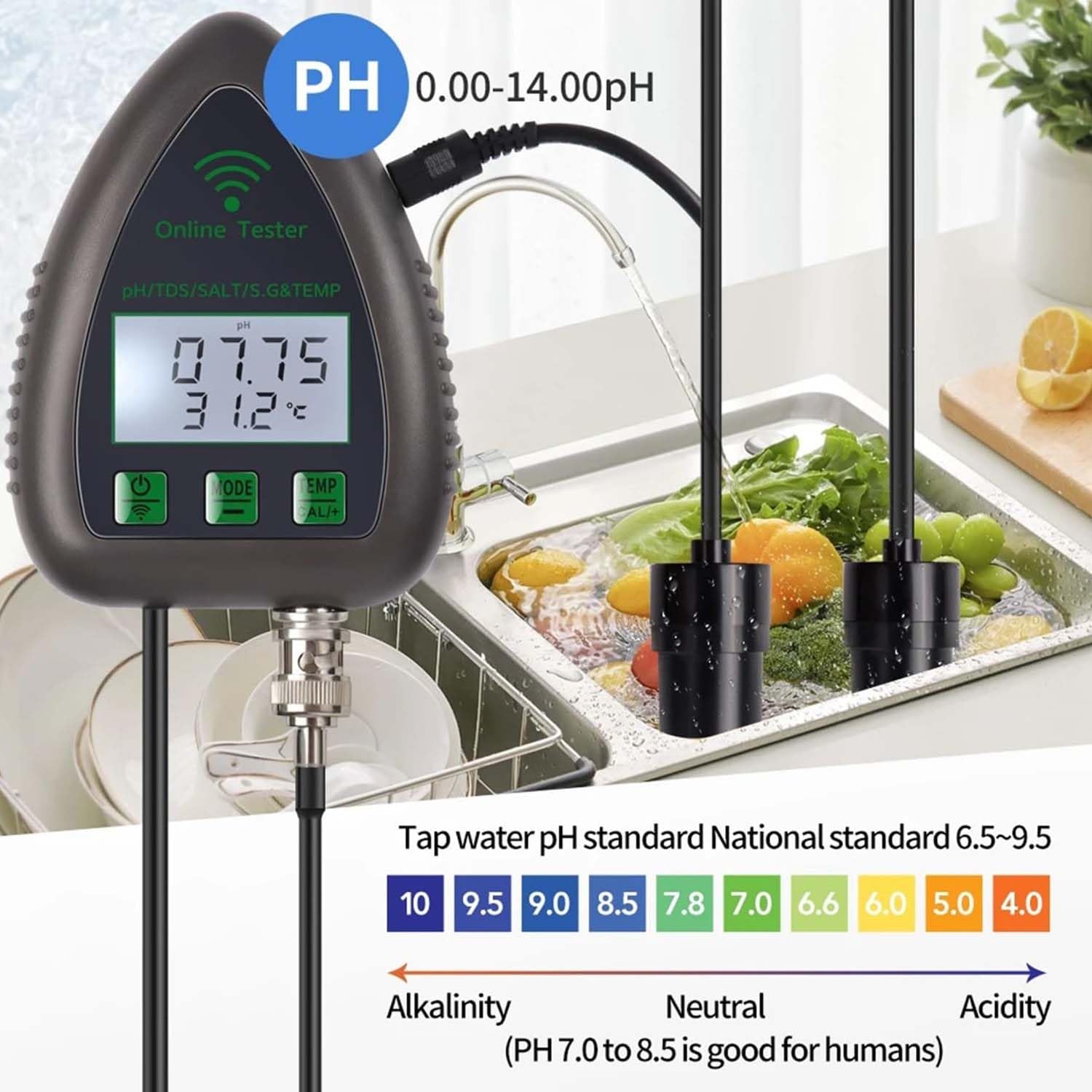 Misuratore della qualità dell'acqua del pH, tester 5 in 1 con monitoraggio APP per pH, TDS, sale, S.G e temperatura, ideale per acquari, laghetti di pesce e piscine di acqua salata