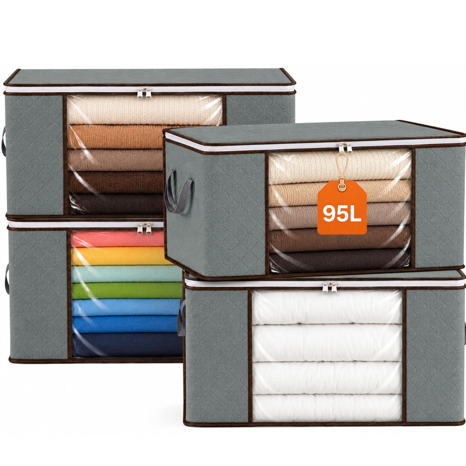 RICHER HOUSE 95L Clothes Storage Bags, Foldable Storage Box with Lid, Moving Boxes with Reinforced Handle, Breathable Thick Fabric, Clear Window for Duvet Blankets Bedding Toys, 4 Pack (Grey)