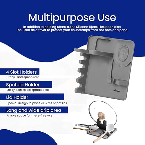 Miniatura 5 de Soporte para utensilios de silicona 3 en 1 con almohadilla de goteo para estufa, acomoda cucharas, cucharones, pinzas, tapas, resistente al calor,