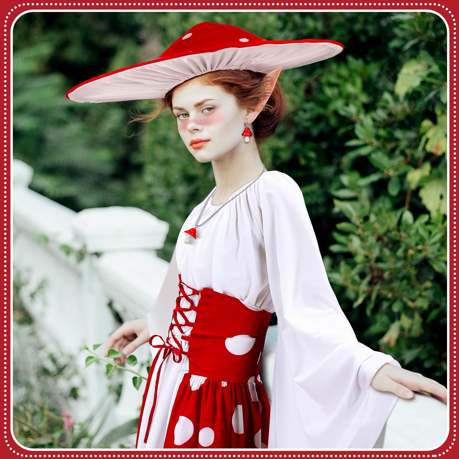 Jiuguva 6 Pcs Halloween Mushroom Costume Medieval Mushroom Dress Hat Necklace Dangle Earrings Elf Ears Mushroom Resin Decor
