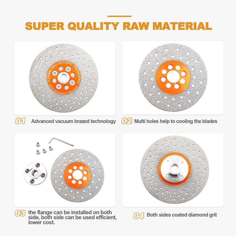 Disco diamantato per granito, BRSCHNITT Lama diamantata brasata sottovuoto da 2 pezzi 125 mm con flangia M14 per macinare granito, porcellana, piastrelle, pietra, marmo, quarzo