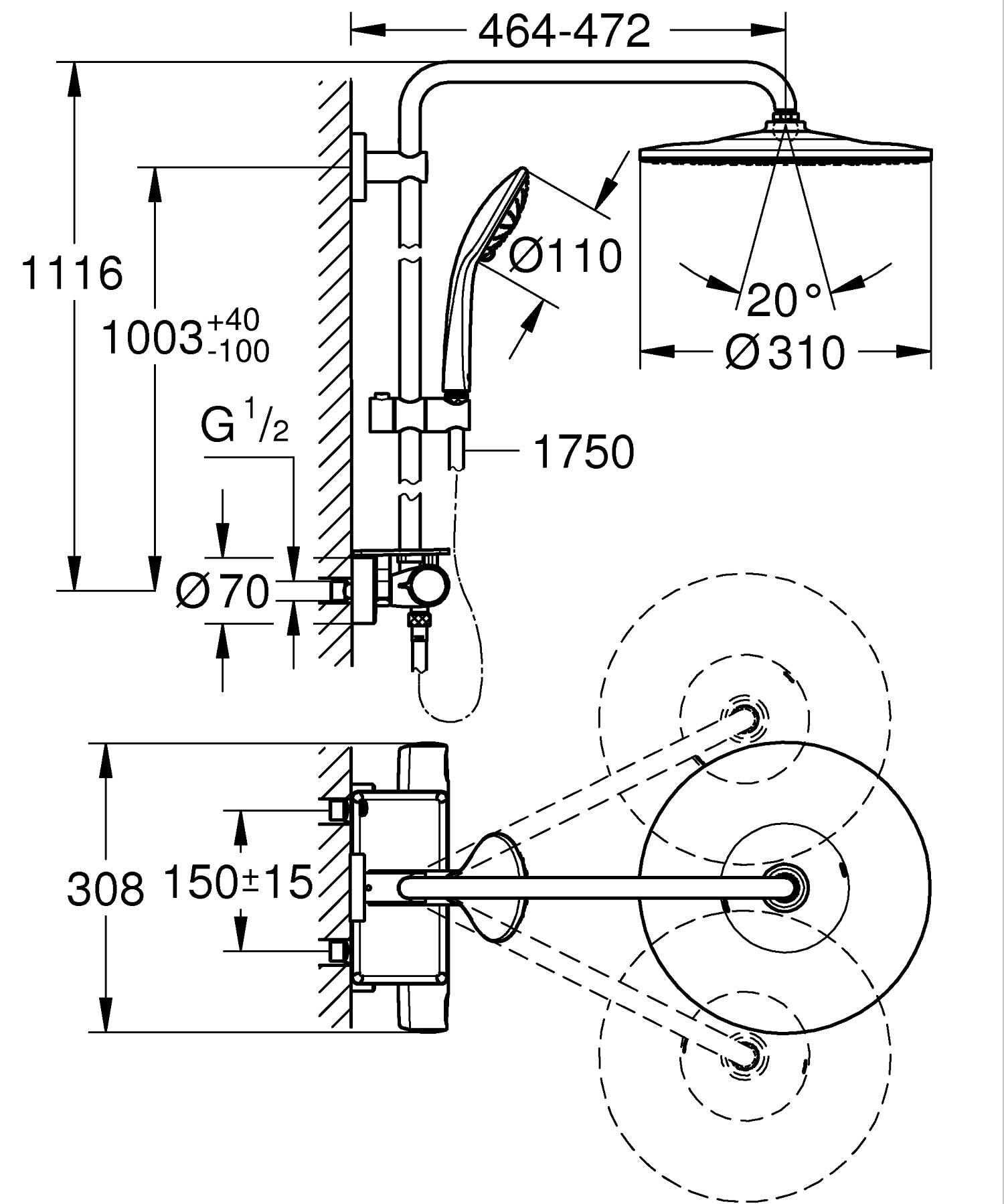 GROHE Colonne de douche avec mitigeur thermostatique Vitalio System 310, tablette incluse, tête de douche 310mm, barre orientable, douchette Vitalio Joy 310 3 jets, chromé, 26401001 (Import Allemagne)