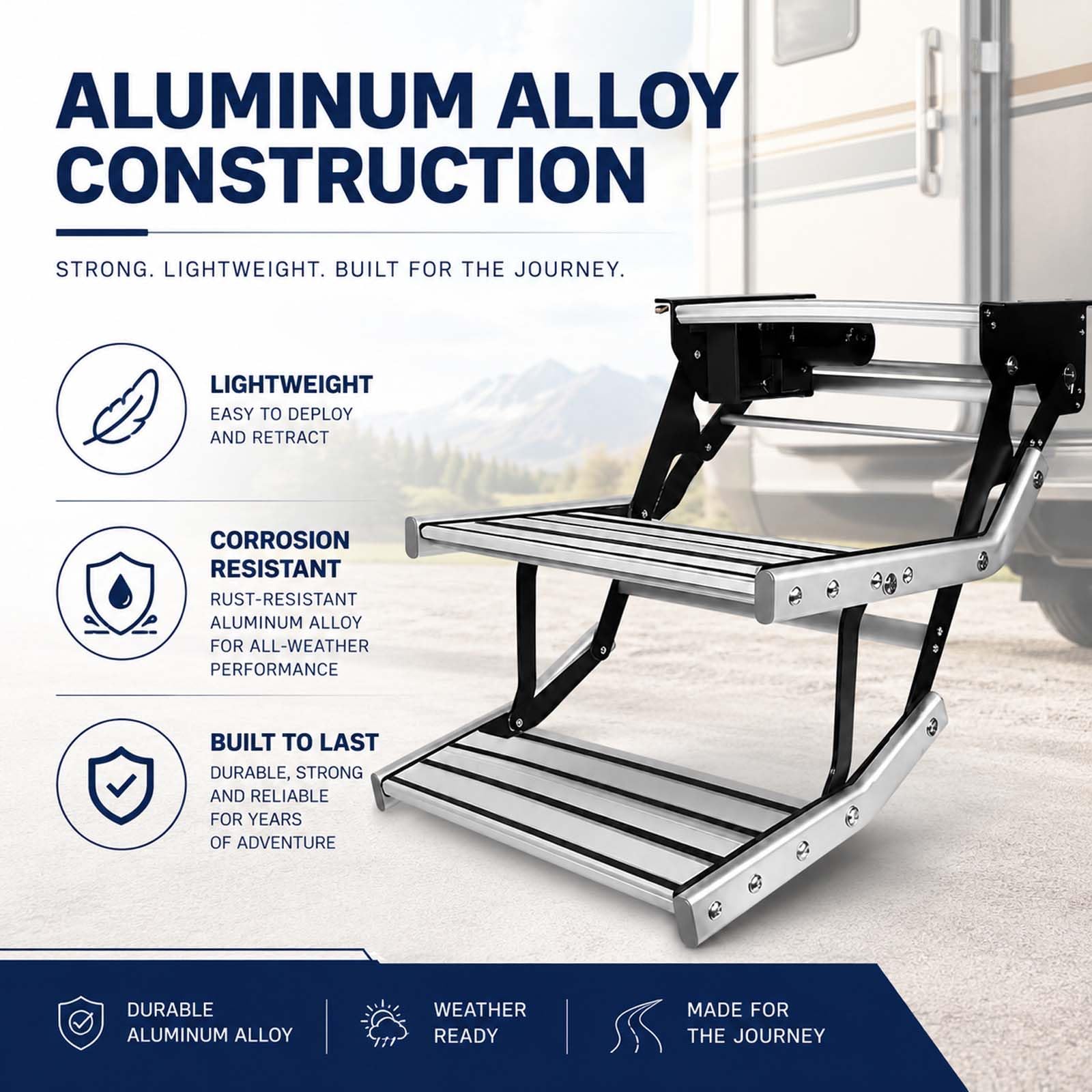 Składany stopień do kampera, elektryczny wysuwany stopień, podwójny stopień aluminium, 12 V/24 V, ze światłami LED, antypoślizgowy, łatwy dostęp do kamperów i przyczep kempingowych