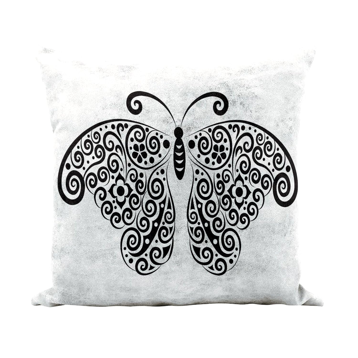 Coussin similicuir blanc papillon arabesque noir 40x40