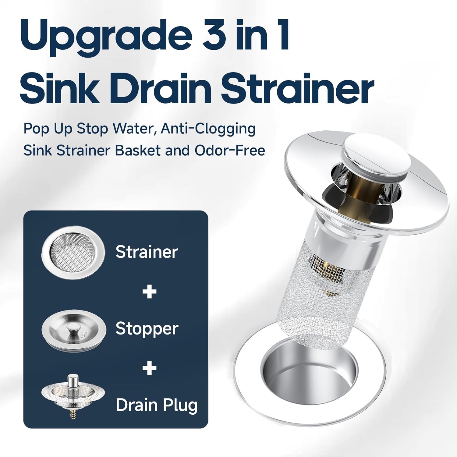 Pop Up Sink Drain Strainer, Bathroom Sink Drain Stopper with Removable Stainless Steel Drain Hair Catcher Basket, Universal Bathroom Sink Stopper Replacement, Drain Plug Filter (2PCS) - Image 3